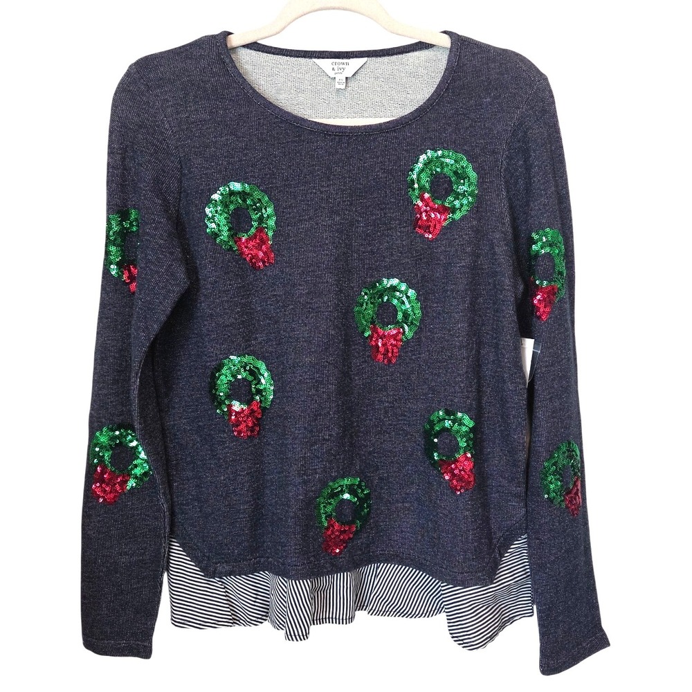 Crown &‎ Ivy Sparkle Christmas Wreath Sequin Embellished Top Striped Hem PS